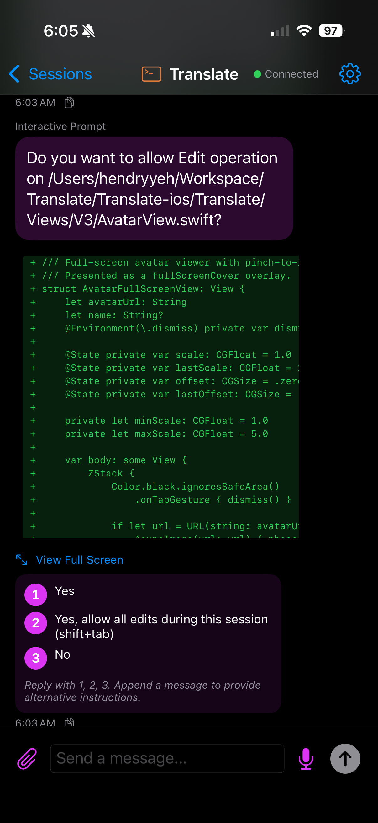 CodeVibe code review with file diff preview