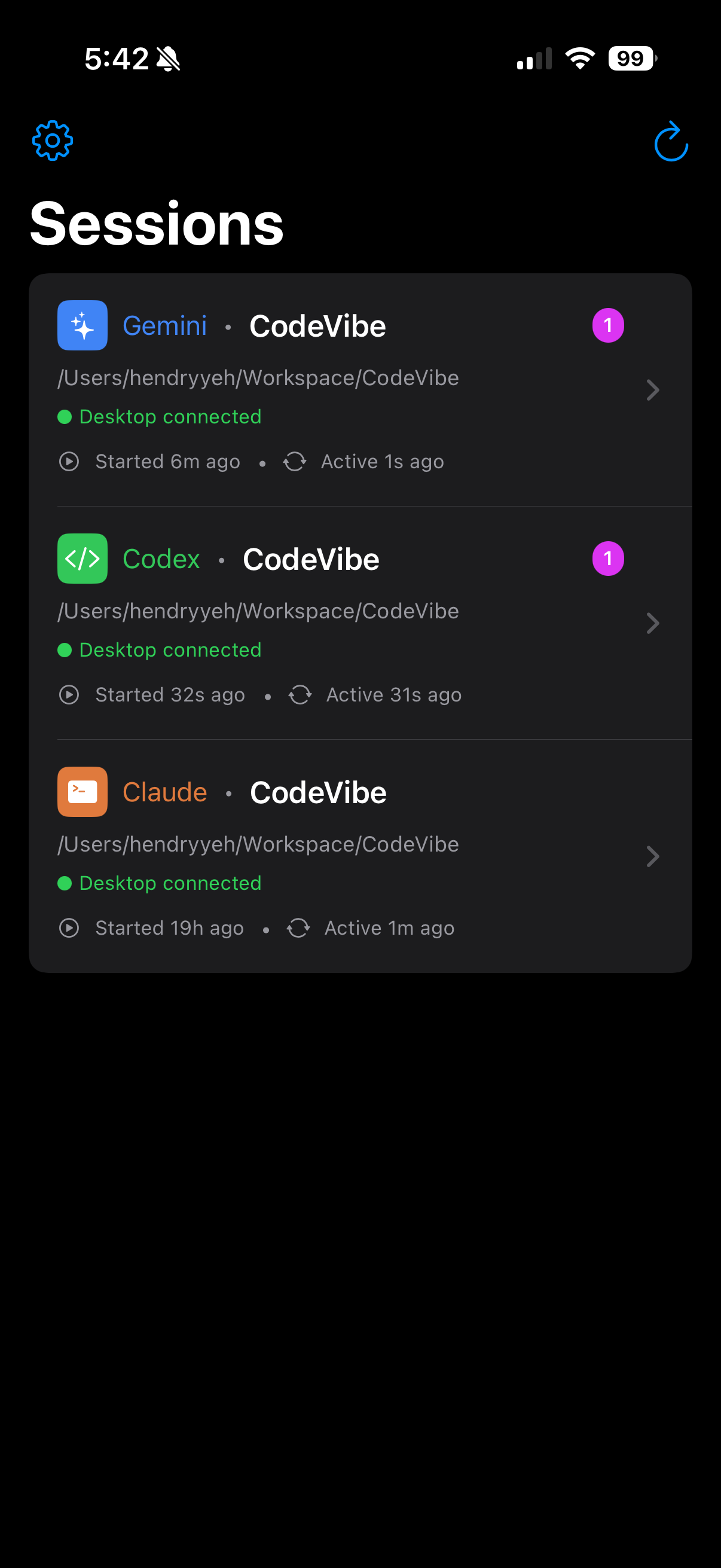 CodeVibe session list showing Claude, Gemini, and Codex agents