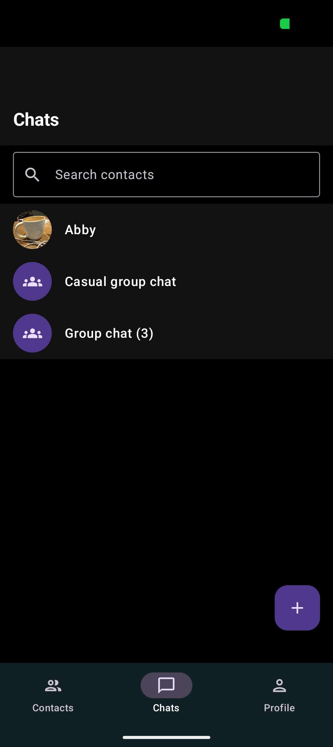 Chats list with 1:1 and group conversations